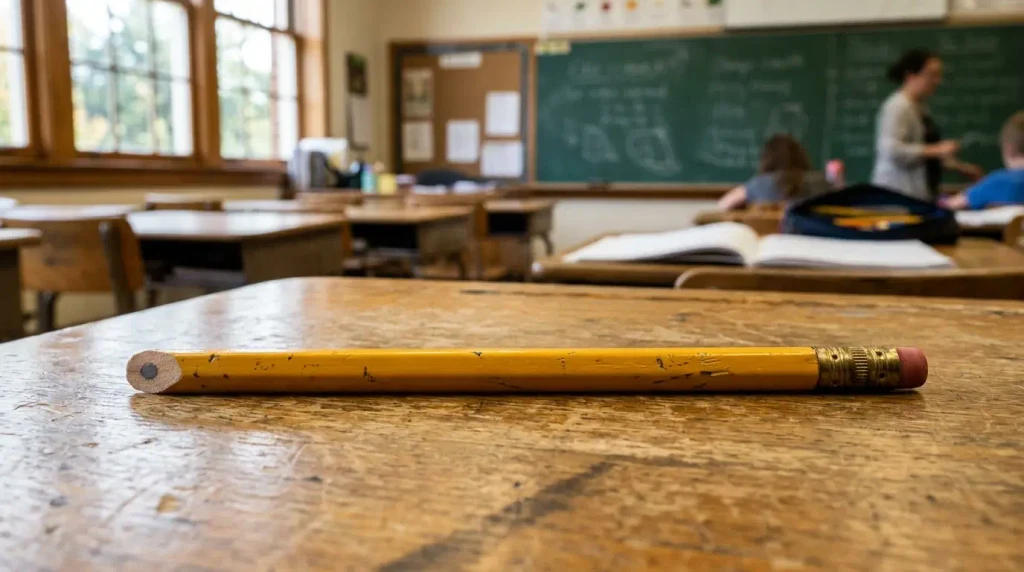 Traditional wooden pencil resting across a worn school desk in a bright classroom