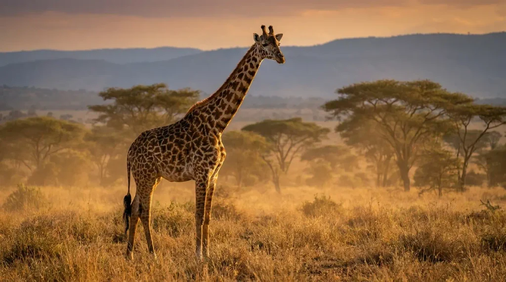 Adult giraffe standing in an open African savanna landscape