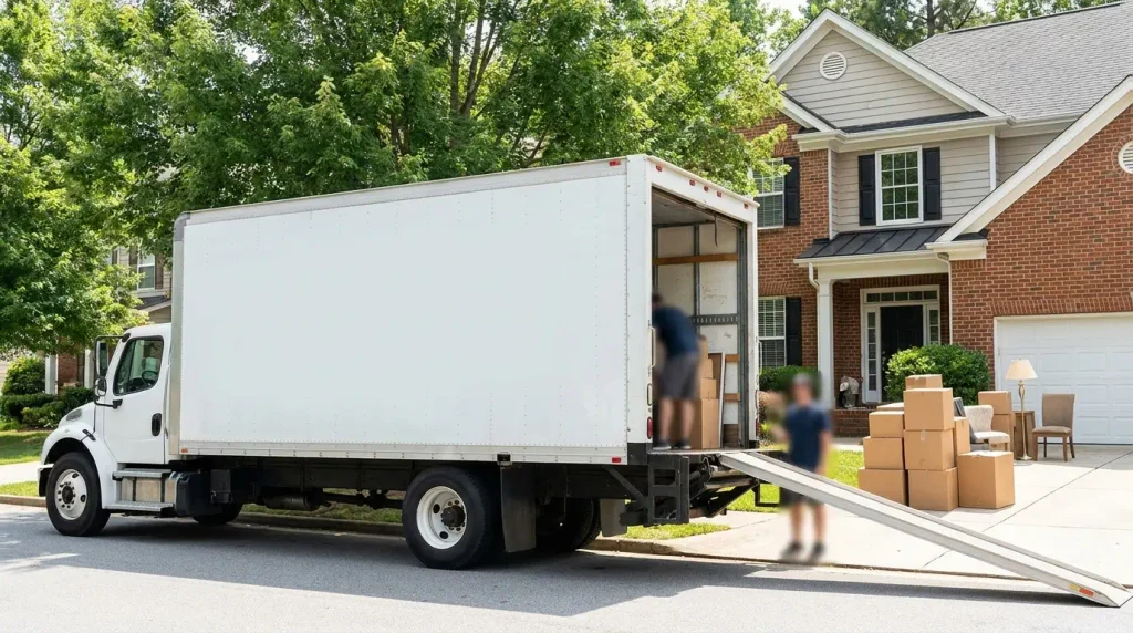 Large box moving truck parked outside a suburban home