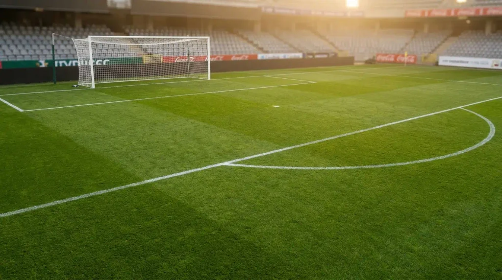 Soccer penalty area and curved penalty arc on a professional football field