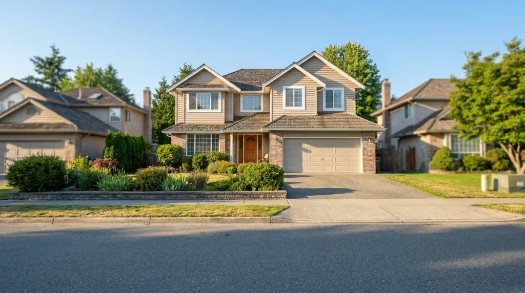 Two story suburban house viewed from across a residential street