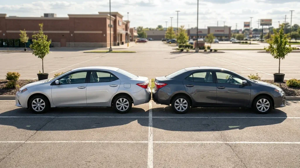 Two midsize sedan cars parked bumper to bumper in an open parking lot