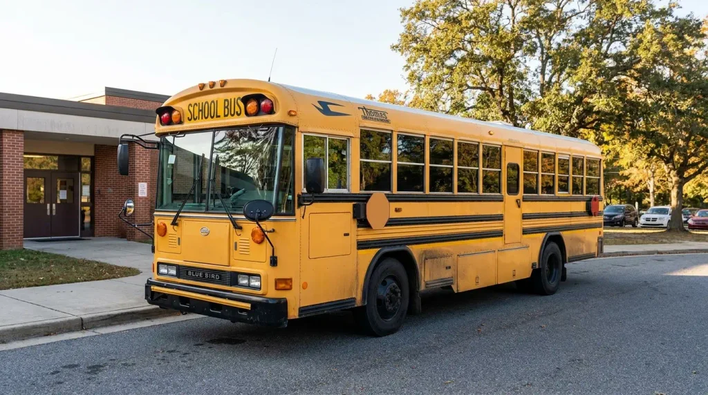 Full size yellow school bus parked outside an elementary school